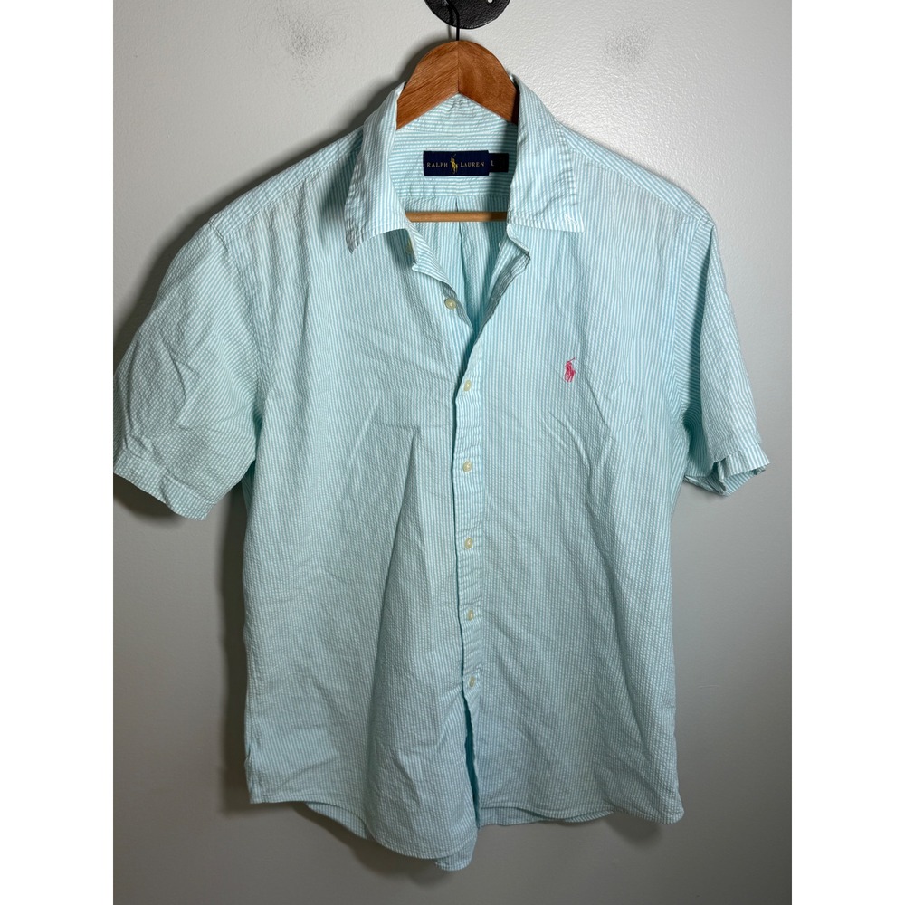 Ralph Lauren Mens Seersucker Button Down Shirt Light Blue White Stripe Large